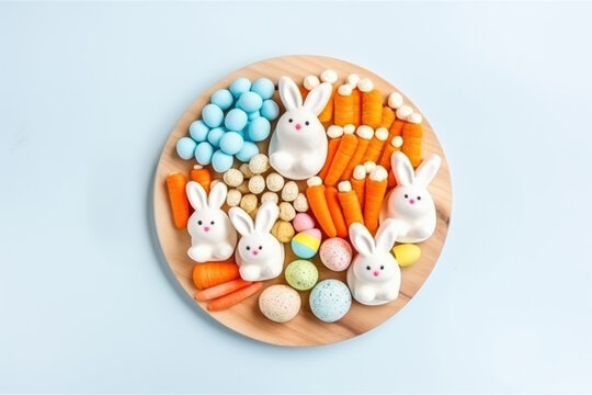 Easter sweet charcuterie board with chocolate eggs, candies, marshmallow peeps, cookies on blue background. Top view.