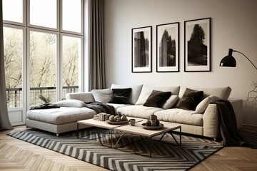Monochromatic Living Room: Wooden Floor and Monochrome Carpet Styling Ideas