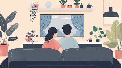 Back view of adult couple watching TV at home while sitting on sofa.
