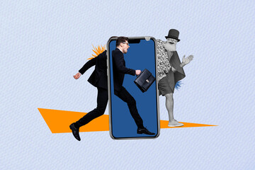 Creative image collage running young entrepreneur holding suitcase smartphone touchscreen pensioner waving hand virtual digital gadget