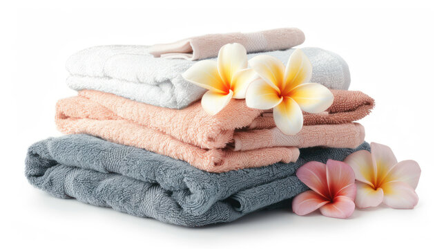 Different folded soft towels and plumeria flowers isolated on white.