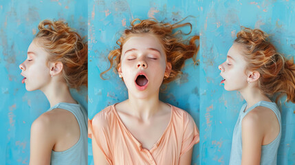 Image picture collage of sleepy yawning girl waking up early morning isolated on colorful painted background. - obrazy, fototapety, plakaty