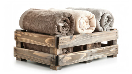 Rolled soft towels in wooden crate isolated on white.