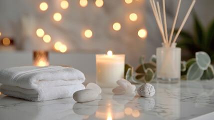 Fototapeta na wymiar Spa composition. Towels, stones, reed air freshener and burning candles on white marble table against blurred lights.