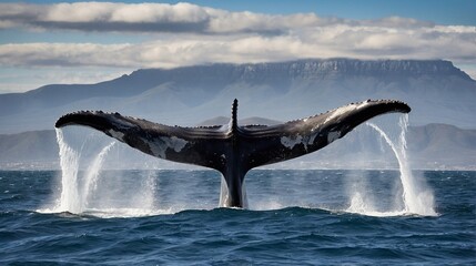 The sea and a whale's tail with a beautiful mountain background.