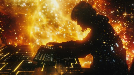 A hackers silhouette against a cosmic backdrop typing on a keyboard made of stars crafting celestial code