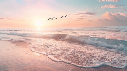 A peaceful watercolor beach scene at sunset, with gentle waves lapping at the shore and seagulls overhead - obrazy, fototapety, plakaty