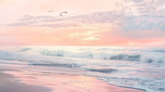 In a tranquil watercolor beach scene at sunset, gentle waves kiss the shore while seagulls soar gracefully overhead, capturing the serene beauty of the coastal evening.