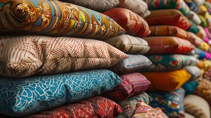 Vibrant textile assortment stacked for interior decoration. colorful, patterned pillows showcase. home decor and style. AI