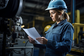 woman engineer technician worker check inspection check control heavy machine construction installation in factory. technician worker checking for repair maintenance operation factory. Ai generate