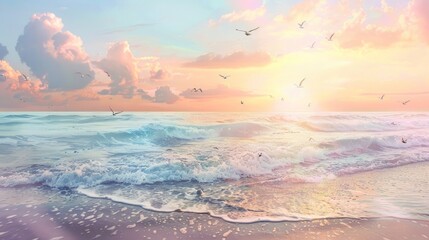 Soft hues of sunset grace the horizon in a peaceful watercolor beach scene, where gentle waves caress the shore and seagulls glide effortlessly through the evening sky. - obrazy, fototapety, plakaty