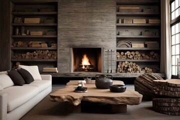 Natural Vibe Organic Texture Living Room Decors: Fireplace Log Decor Showcase