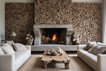 Natural Vibe: Organic Texture Living Room Fireplace Log Decor Ideas
