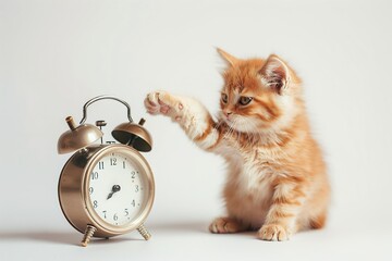 adorable ginger kitten with alarm clock