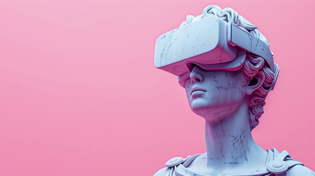 Classical Marble Greek Statue Wearing Virtual Reality Headset. Modern Meets Ancient. Pink Monochrome Background with copy space