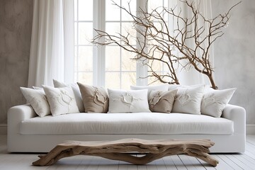 Tree Branch Organic Texture Decors for White Sofa Living Room Elegance