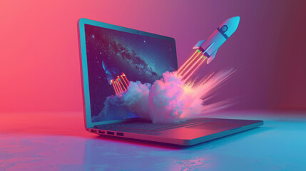 A spacecraft energetically emerges from a laptop, blending minimalist design with the thrill of space exploration and digital innovation, perfect for creative projects.