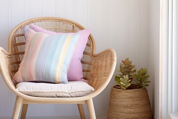 Woven Rattan Chair with Pastel Pillow: Organic Texture Living Room Decor