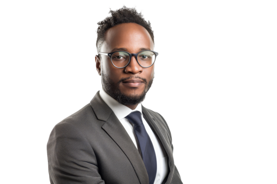 Confident Business Professional in Grey Suit on White Background