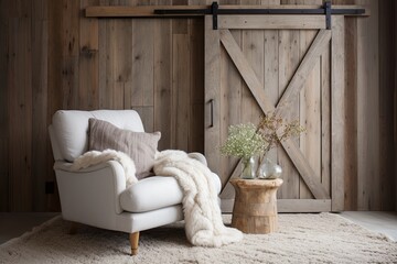 Chic Lounge Chair in Rustic Barn Door Home Interiors: A Barn Door Setting_v2.0