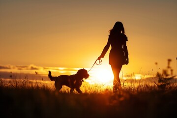 teenage girl runs with a dog in the park. children's dream concept. silhouette of a teenage girl running along the road in a park at sunset overlooking the back sun with a shaggy dog - obrazy, fototapety, plakaty