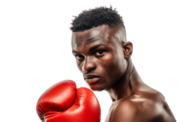 "Determined African American Male Boxer with Red Gloves Ready to Fight on White Background