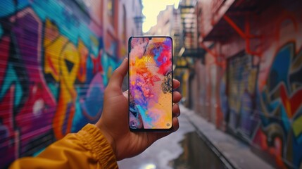 smartphone screen mockup held by a person's hand in front of a colorful graffiti wall in an urban alley
