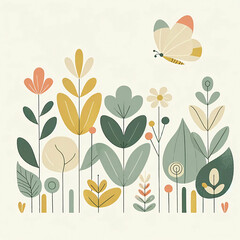 A minimalistic and whimsical illustration for children, featuring a variety of stylized plants with broad, simple leaves in pastel colors