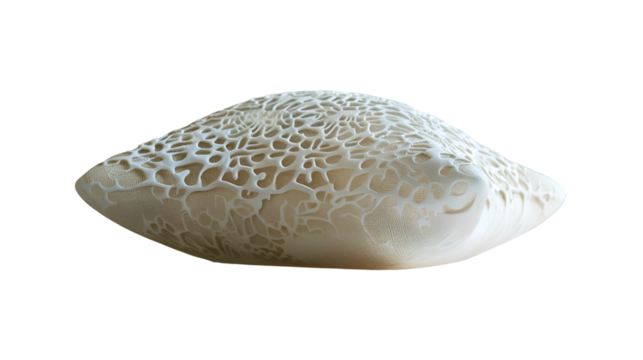  A modern cushion featuring a sophisticated lace-like motif, placed elegantly on a sleek, Transparent background