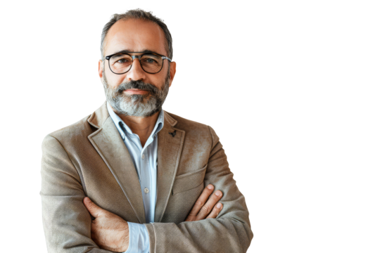 Confident Mature Businessman with Beard and Glasses Standing with Arms Crossed on White Background