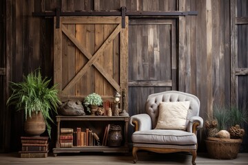 Rustic Barn Door Lounge: Intimate Interiors with Barn Door Backdrop