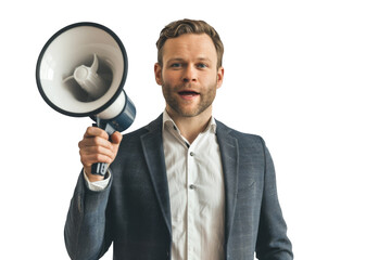 Confident Businessman with Megaphone on White Background