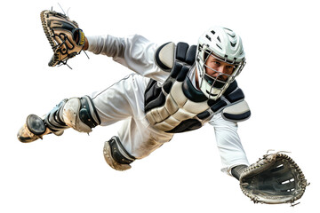 Dynamic Baseball Catcher Diving to Catch Ball on White Background - obrazy, fototapety, plakaty