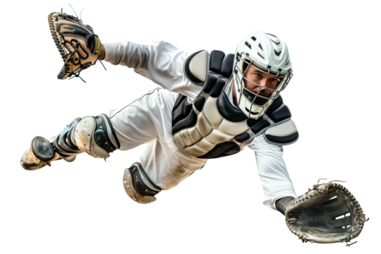 Dynamic Baseball Catcher Diving to Catch Ball on White Background