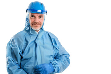 Confident Healthcare Professional in Blue Scrubs and Safety Helmet on White Background