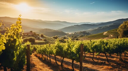 Tuscan vineyard with grapevines in warm sunlight, embraced by rolling hills and ancient olive groves