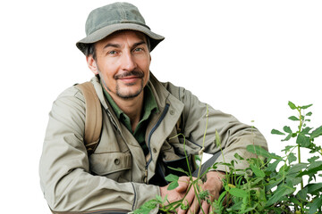 Fototapeta premium Smiling Botanist in Field Gear Studying Plants Isolated on White Background