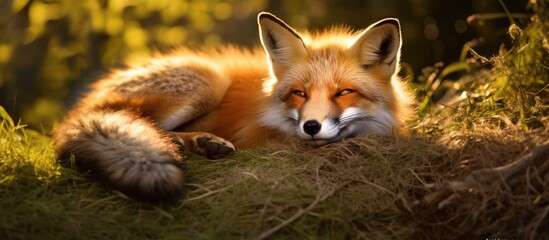 A close-up view of a stunning red fox lying calmly in a bed of vibrant green grass, blending seamlessly with its natural surroundings.