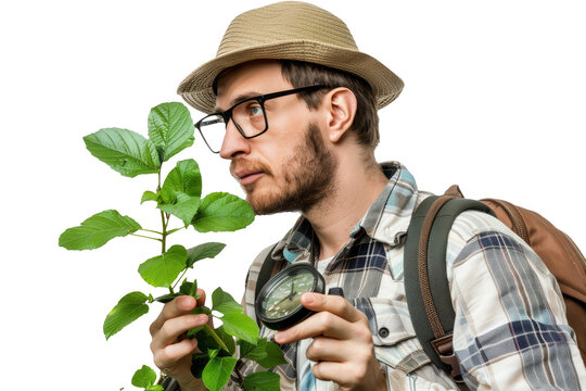 Curious Botanist Examining Plant with Magnifying Glass Isolated on White Background