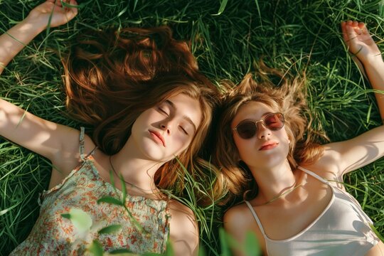 recreational holiday with friends in nature. young couple of girls lying on the grass enjoying the sunshine