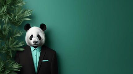 Panda in formal suit working in corporate setting, studio shot with copy space on plain wall