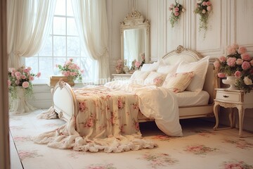 Shabby Chic Bedroom Inspirations: Antique Rug Laminate Flooring Elegance - obrazy, fototapety, plakaty