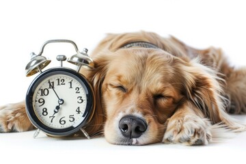 The dog sleeps with an alarm clock. On a white background