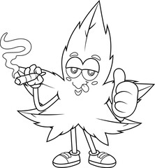 Outlined Funny Marijuana Leaf Cartoon Character Smoking A Joint And Giving The Thumbs Up. Vector Hand Drawn Illustration Isolated On Transparent Background