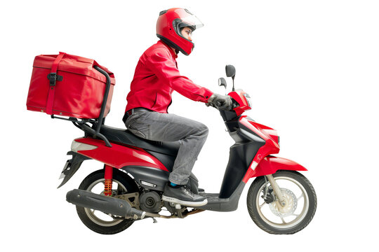 Delivery Man Riding Red Motorbike with Insulated Backpack on White Background