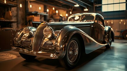 Vintage Luxury Car in a Rustic Garage Setting, Classic Automobile with Polished Chrome Details Illuminated by Soft Lighting