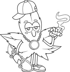 Outlined Gangsta Marijuana Leaf Cartoon Character Smoking A Joint. Vector Hand Drawn Illustration Isolated On Transparent Background