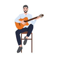 Musician play acoustic guitar. Classical music performance. Guitarist sit on stool.  Flat vector illustration isolated on white background