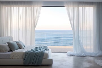 Fototapeta na wymiar Blue Sheer Curtain Coastal Touch: Inspiring Bedroom Ideas with a Sheer Curtain Wow Effect.