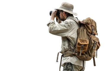 Fototapeta premium Intrepid Explorer in Safari Outfit Using Binoculars